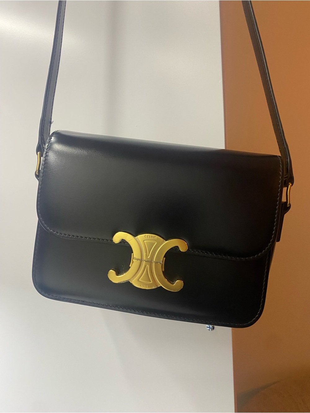 Celine  Teen Black Leather Shoulder Bag with Gold Triomphe Hardware